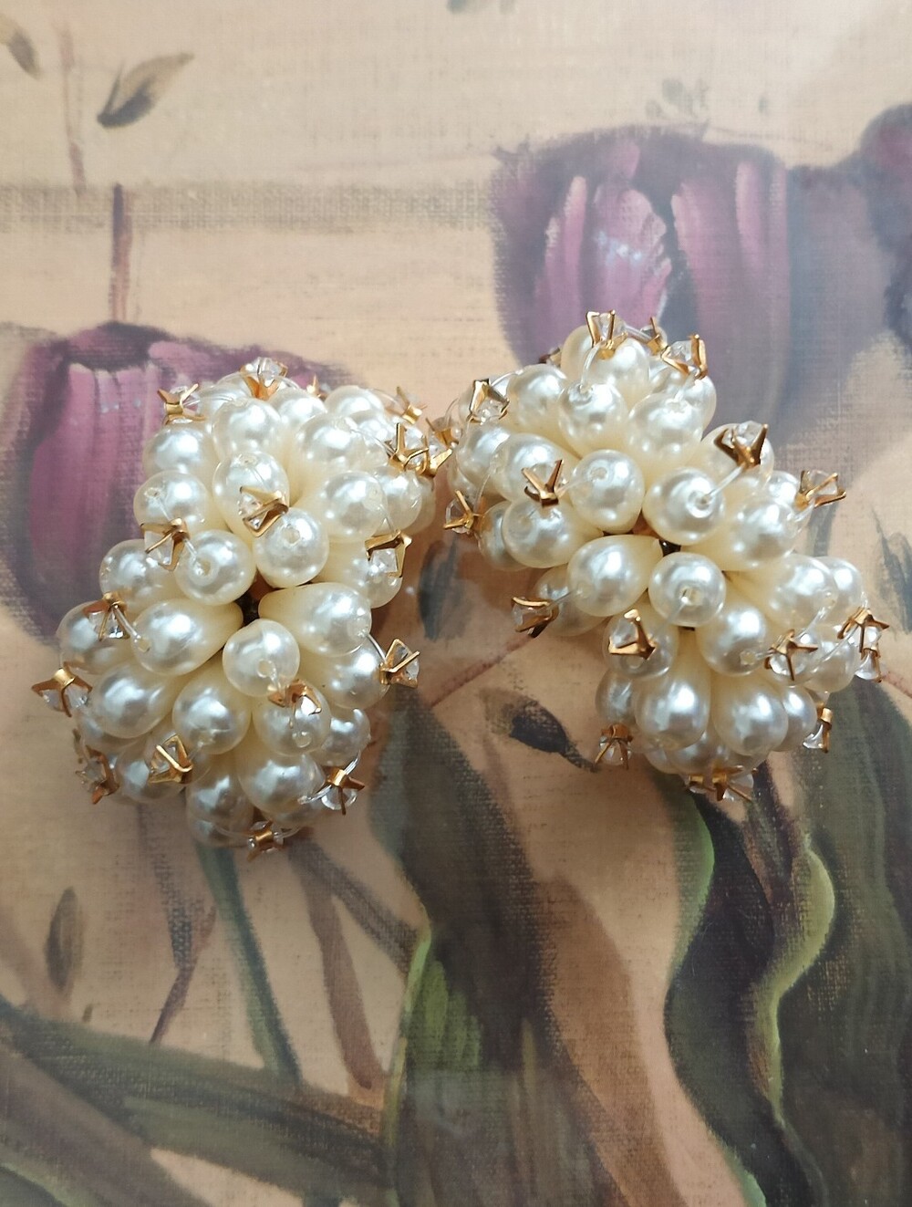 Vintage Pearl & Rhinestone Cluster Cluster Clip Earrings
